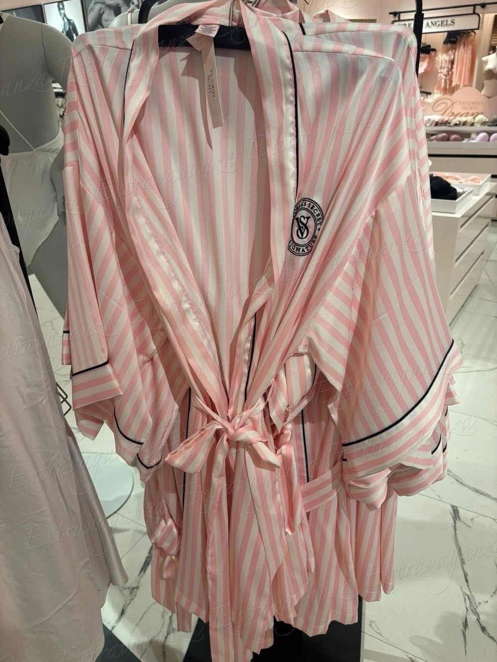 Victoria's Secret Pink and White Striped Satin Tie-Waist Robe